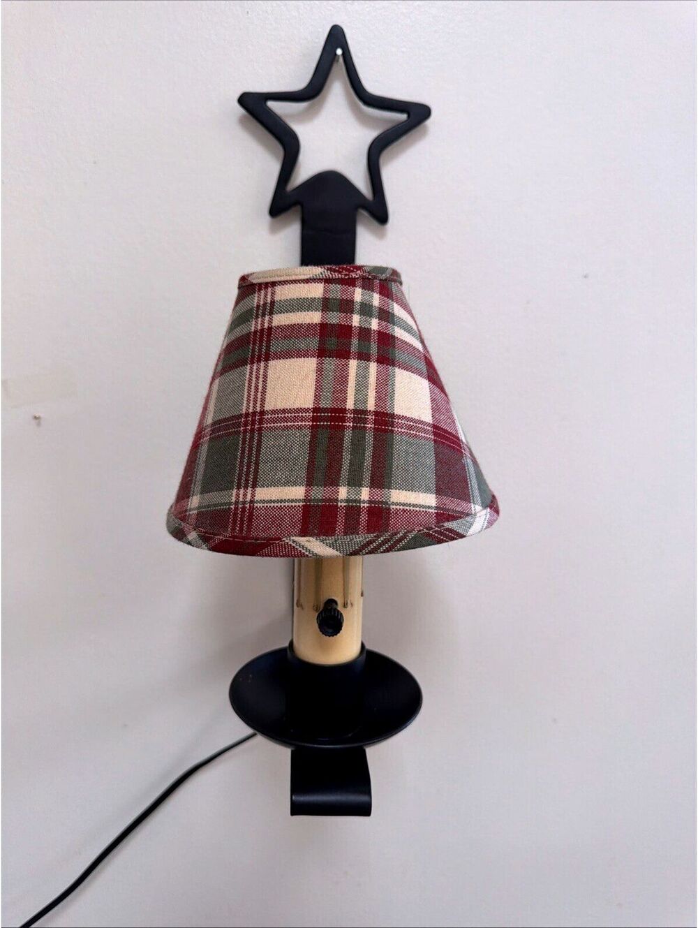 Wrought Iron Star Plug in Wall  Sconce Lamp with Plaid Shade Country Farm